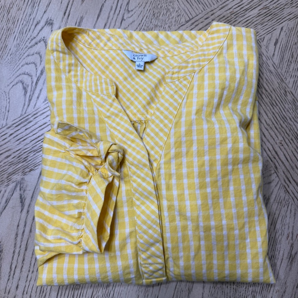 Crown & Ivy Women's Size Large‎ Yellow Gingham Tie Sleeve V-neck Blouse Top